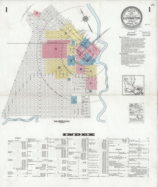 Sanborn Fire Insurance Map from Covington, Saint Tammany Parish, Louisiana (1927), Sheet #0001 - Complete Map Set gallery image, historic Sanborn map, vintage wall art, Louisiana Louisiana