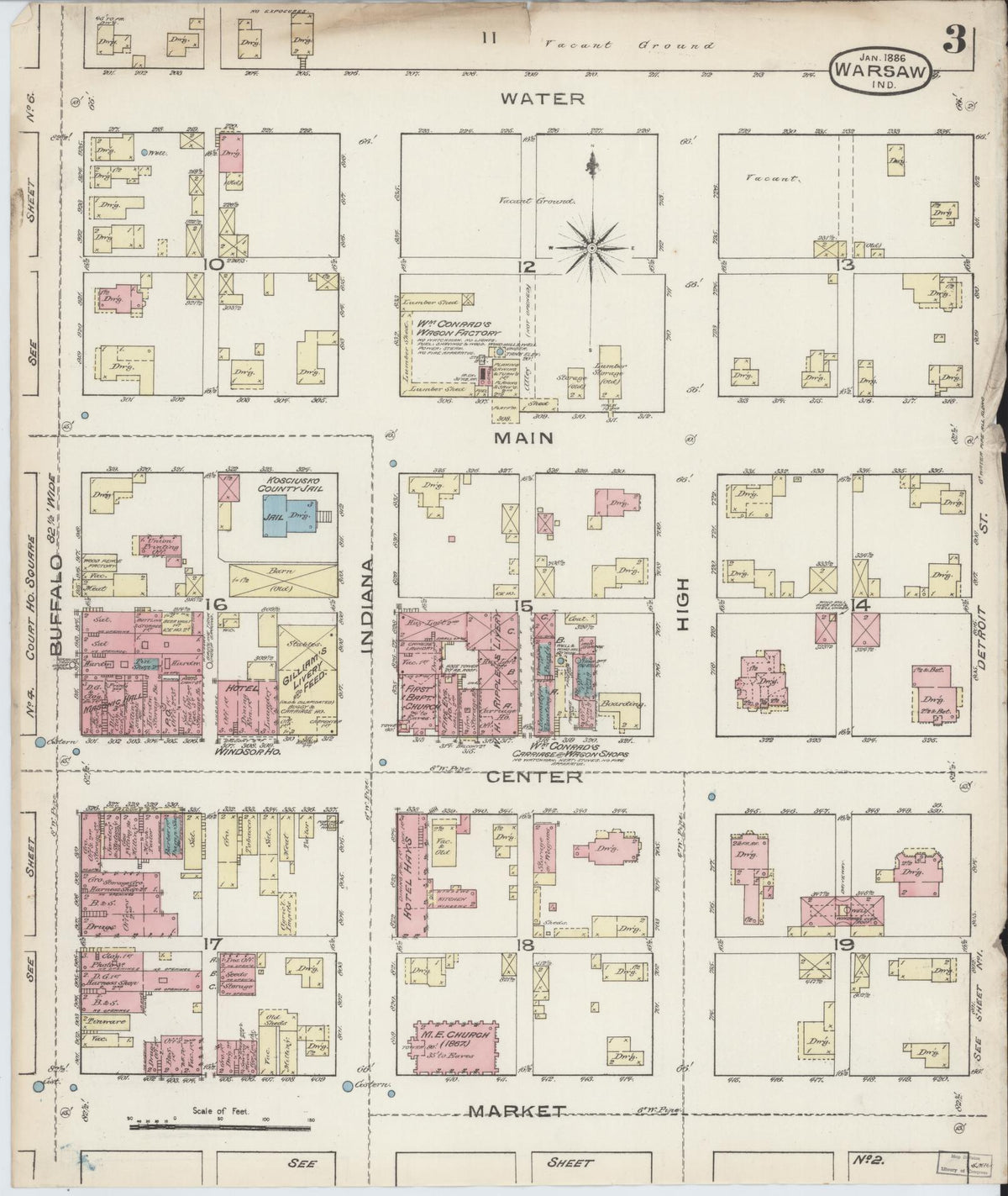 Sanborn Fire Insurance Map from Warsaw, Kosciusko County, Indiana (1886), Sheet #0003 - Historic Sanborn Fire Insurance Map Print, vintage old map wall art, antique decor, genealogy gift, Indiana Indiana map