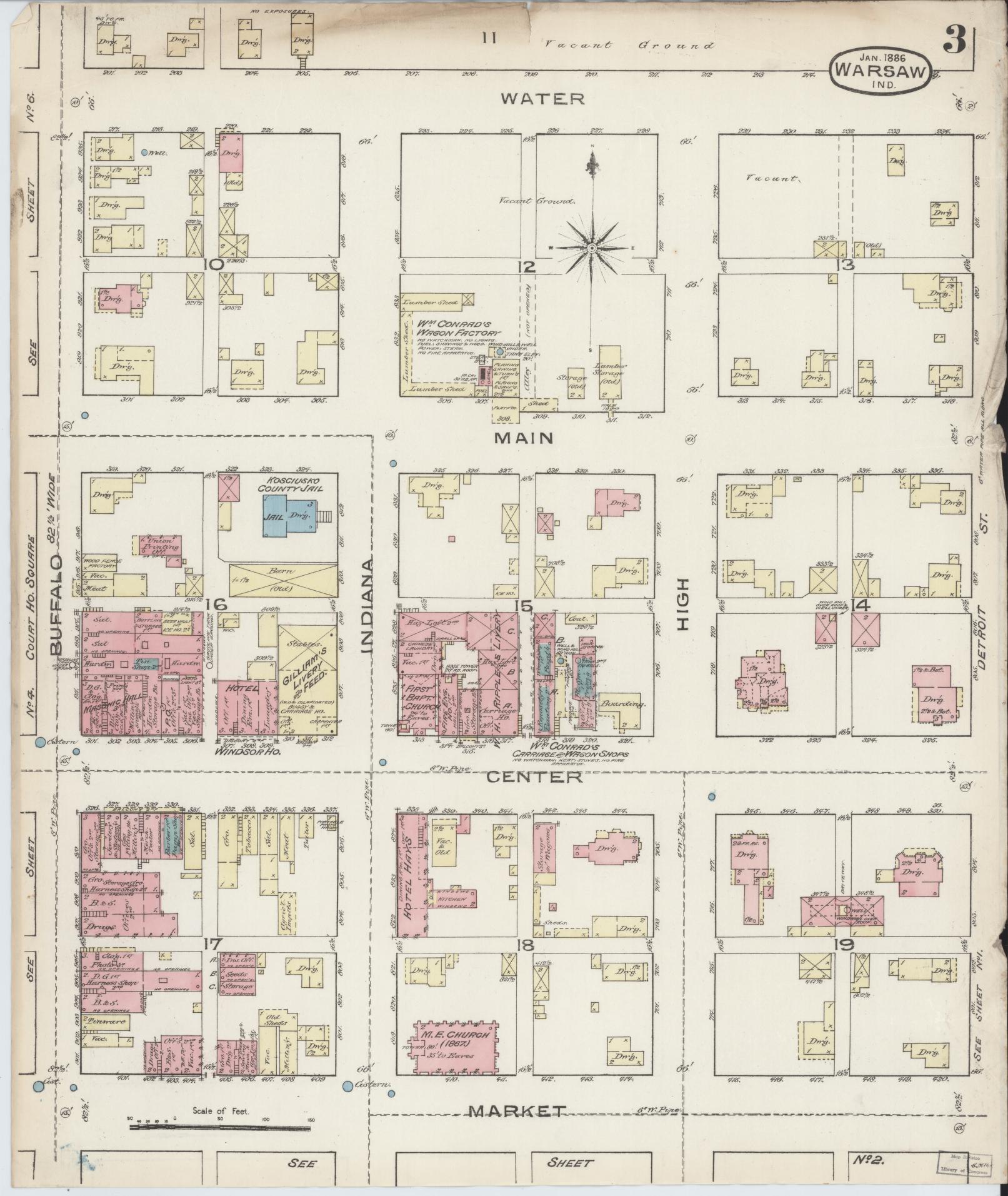 Sanborn Fire Insurance Map from Warsaw, Kosciusko County, Indiana (1886), Sheet #0003 - Historic Sanborn Fire Insurance Map Print, vintage old map wall art, antique decor, genealogy gift, Indiana Indiana map