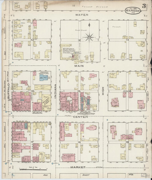 Sanborn Fire Insurance Map from Warsaw, Kosciusko County, Indiana (1886), Sheet #0003 - Historic Sanborn Fire Insurance Map Print, vintage old map wall art, antique decor, genealogy gift, Indiana Indiana map