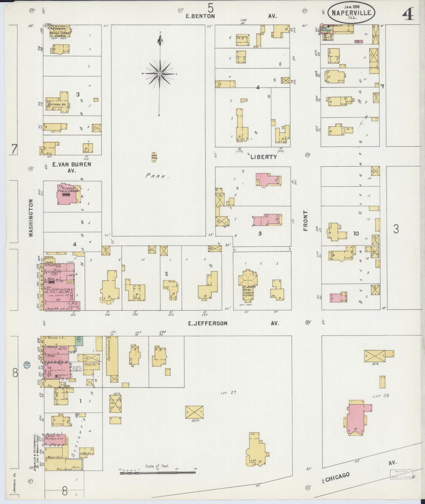 Sanborn Fire Insurance Map from Naperville, Du Page County, Illinois (1898), Sheet #0004 - Historic Sanborn Fire Insurance Map Print, vintage old map wall art, antique decor, genealogy gift, Illinois Illinois map