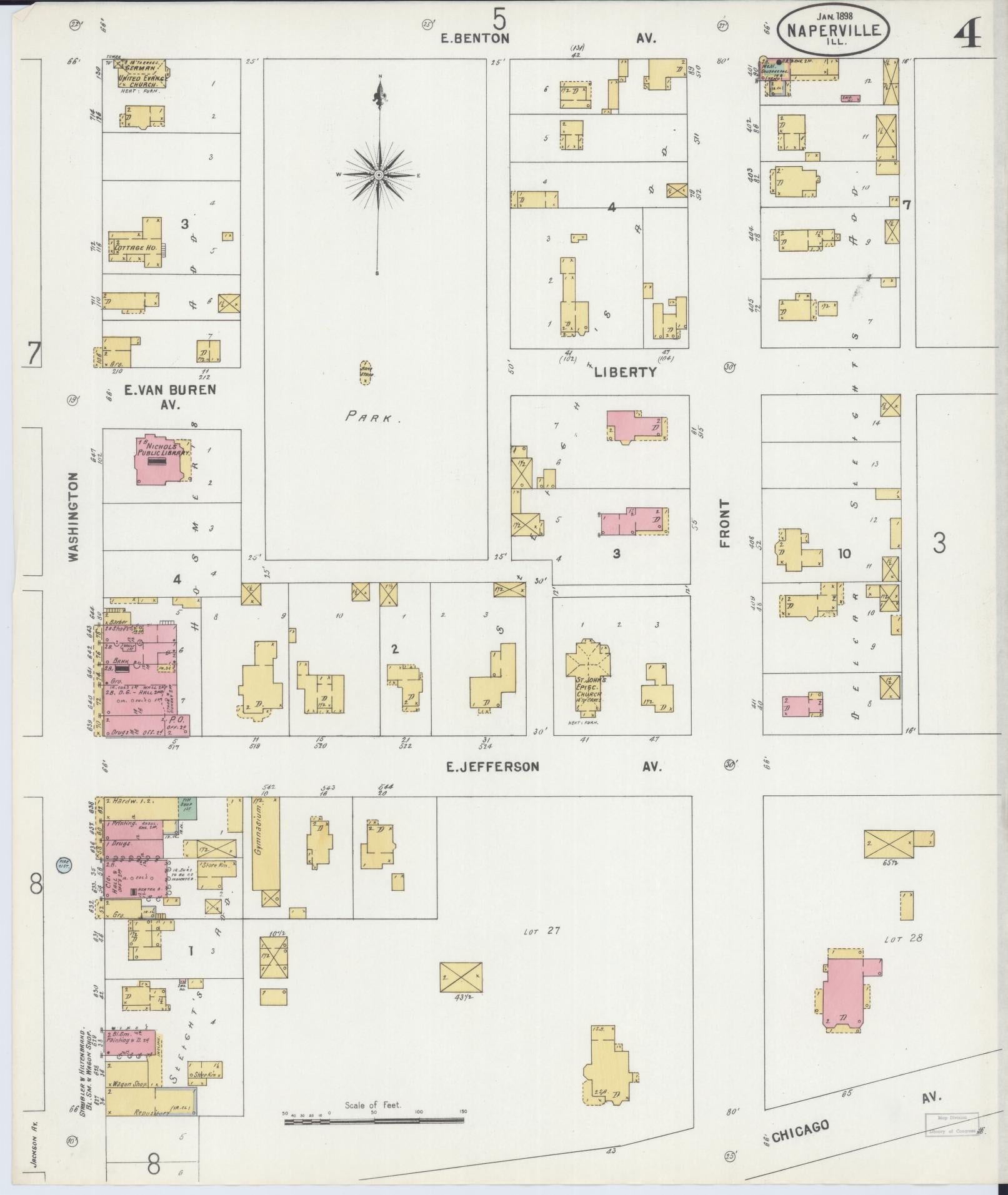 Sanborn Fire Insurance Map from Naperville, Du Page County, Illinois (1898), Sheet #0004 - Historic Sanborn Fire Insurance Map Print, vintage old map wall art, antique decor, genealogy gift, Illinois Illinois map