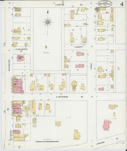 Sanborn Fire Insurance Map from Naperville, Du Page County, Illinois (1898), Sheet #0004 - Historic Sanborn Fire Insurance Map Print, vintage old map wall art, antique decor, genealogy gift, Illinois Illinois map