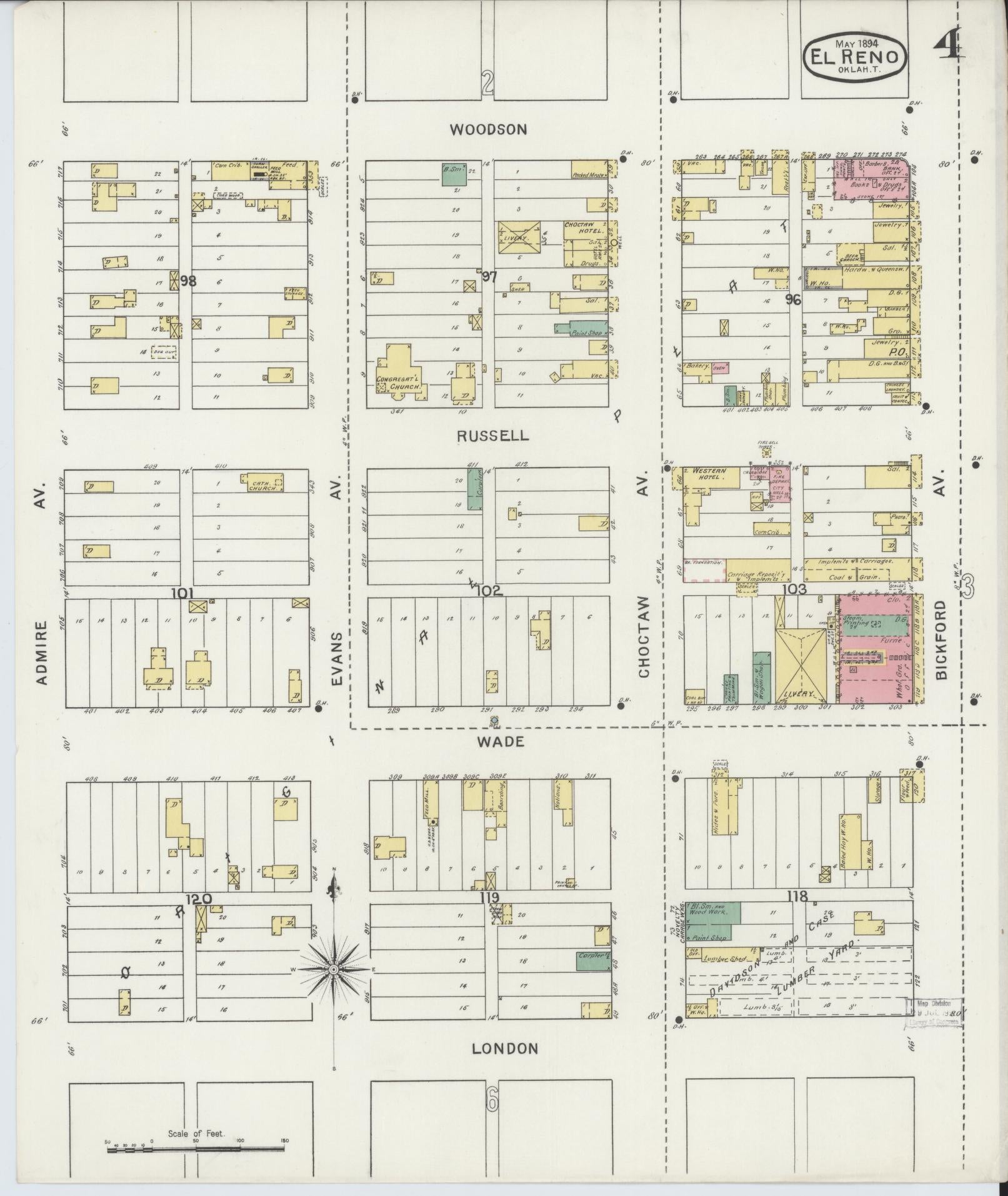 Sanborn Fire Insurance Map from El Reno, Canadian County, Oklahoma (1894), Sheet #0004 - Historic Sanborn Fire Insurance Map Print, vintage old map wall art, antique decor, genealogy gift, Oklahoma Oklahoma map