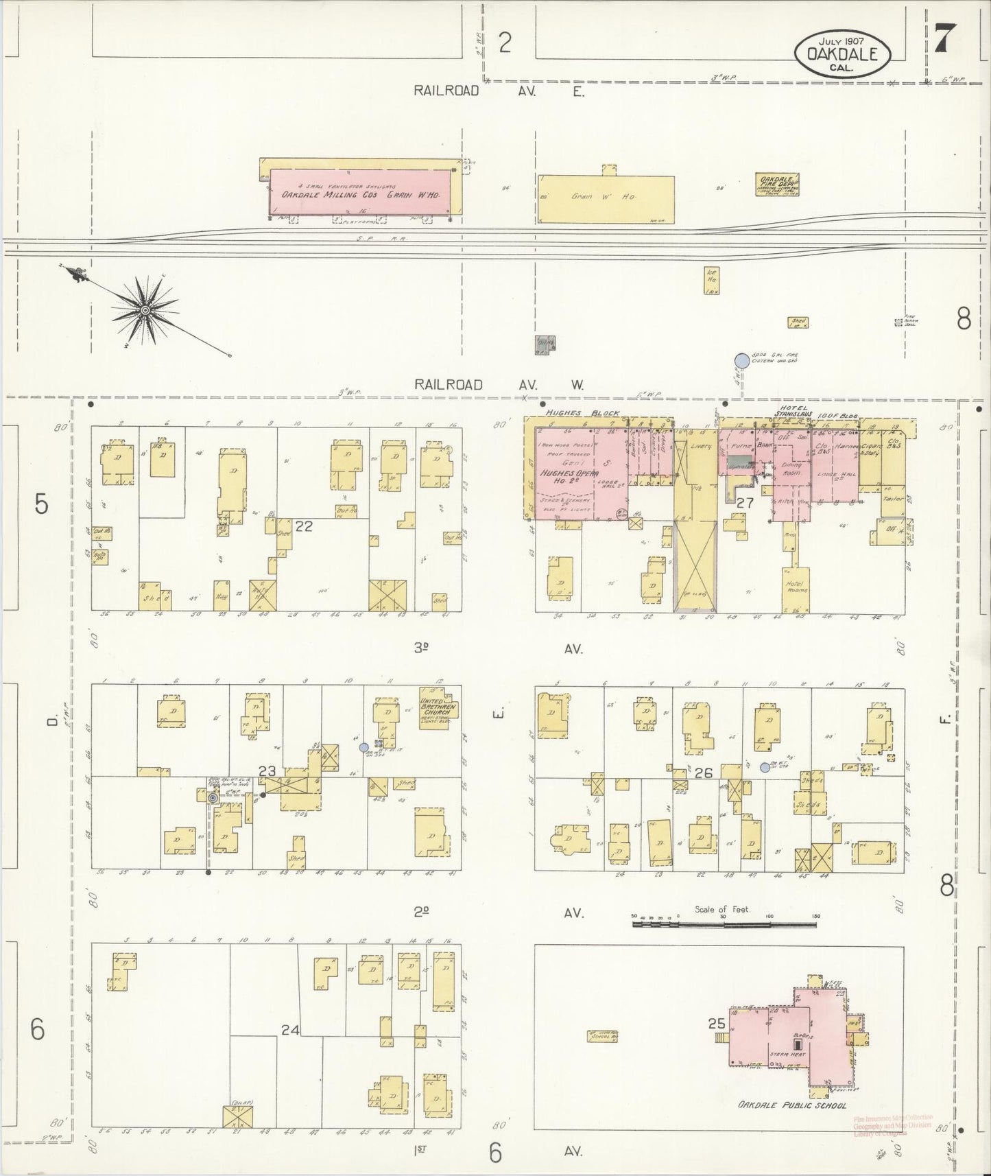Sanborn Fire Insurance Map from Oakdale, Stanislaus County, California (1907), Sheet #0007 - Complete Map Set gallery image, historic Sanborn map, vintage wall art, California California