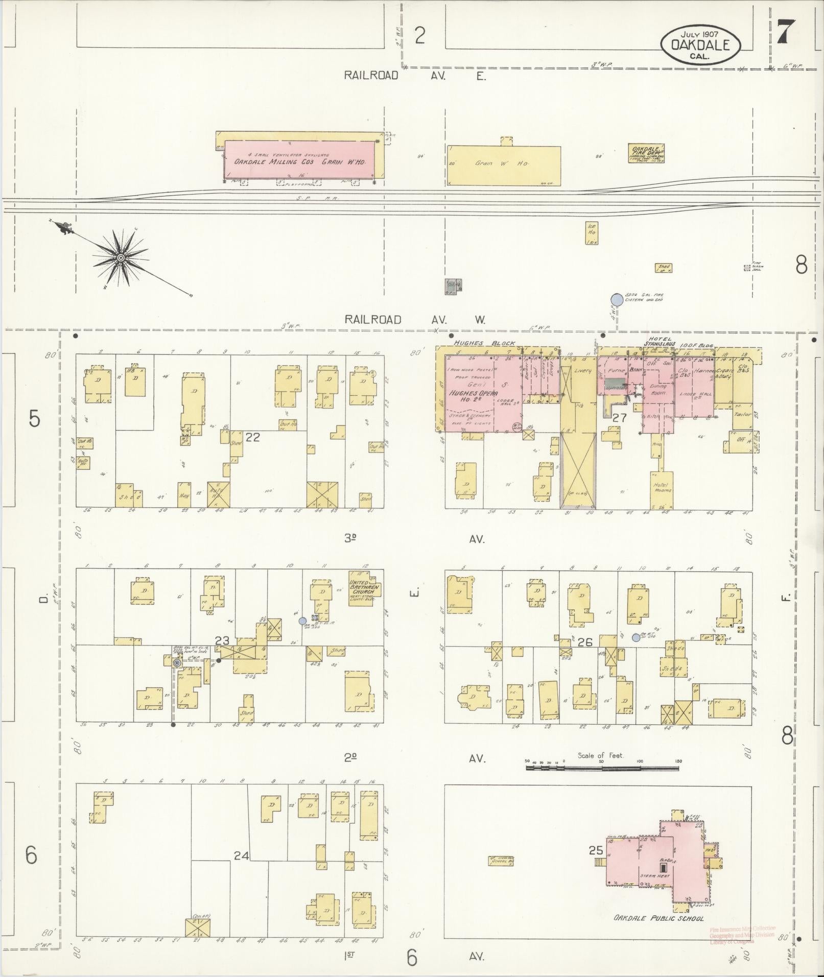 Sanborn Fire Insurance Map from Oakdale, Stanislaus County, California (1907), Sheet #0007 - Complete Map Set gallery image, historic Sanborn map, vintage wall art, California California