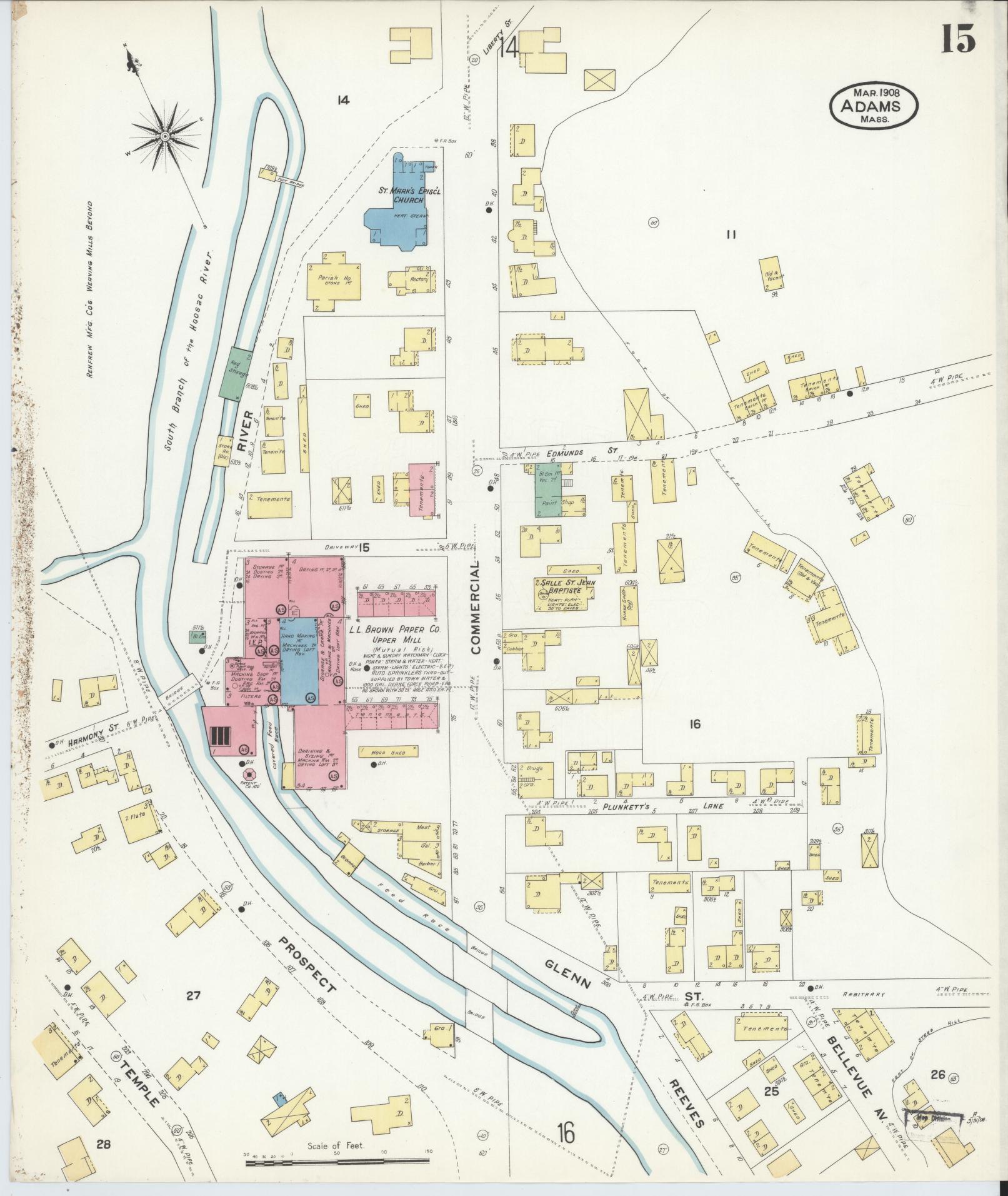 Sanborn Fire Insurance Map from Adams, Berkshire County, Massachusetts (1908), Sheet #0015 - Complete Map Set gallery image, historic Sanborn map, vintage wall art, Massachusetts Massachusetts