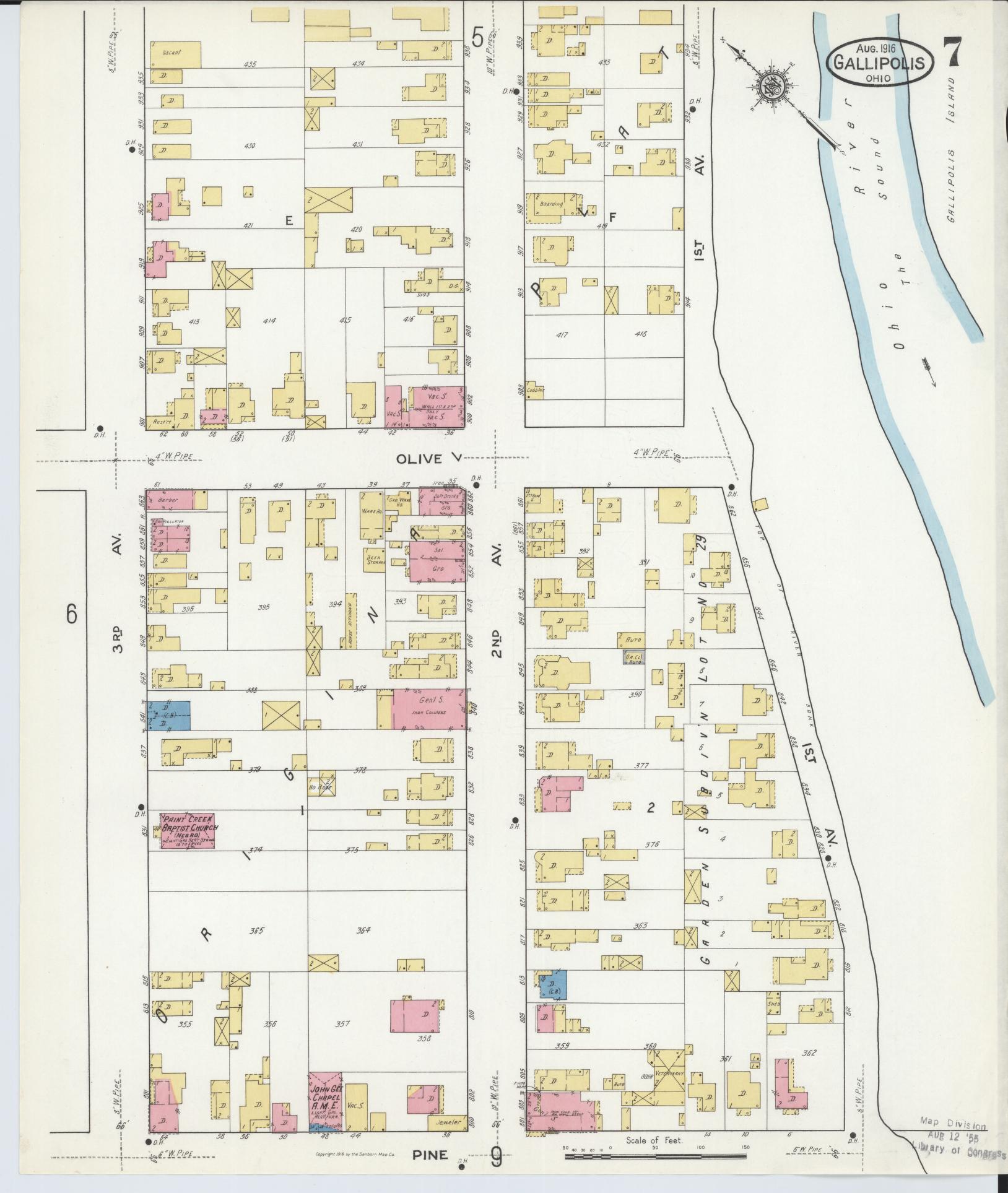 Sanborn Fire Insurance Map from Gallipolis, Gallia County, Ohio (1916), Sheet #0007 - Historic Sanborn Fire Insurance Map Print, vintage old map wall art, antique decor, genealogy gift, Ohio Ohio map