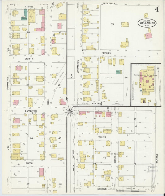 Sanborn Fire Insurance Map from Wellsburg, Brooke County, West Virginia (1907), Sheet #0004 - Historic Sanborn Fire Insurance Map Print, vintage old map wall art, antique decor, genealogy gift, West Virginia West Virginia map