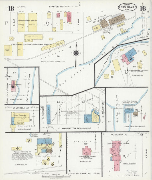 Sanborn Fire Insurance Map from Fergus Falls, Otter Tail County, Minnesota (1924), Sheet #0018 - Historic Sanborn Fire Insurance Map Print, vintage old map wall art, antique decor, genealogy gift, Minnesota Minnesota map