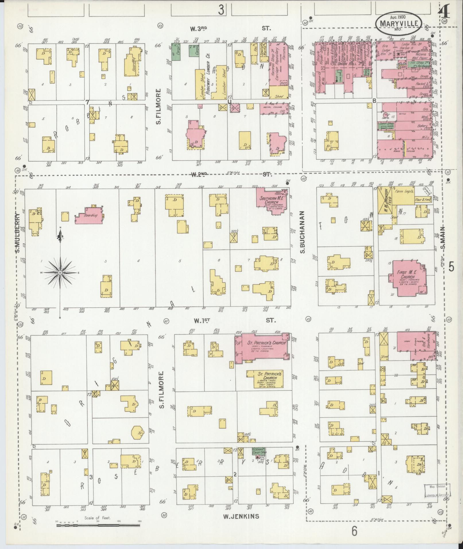 Sanborn Fire Insurance Map from Maryville, Nodaway County, Missouri (1900), Sheet #0004 - Historic Sanborn Fire Insurance Map Print, vintage old map wall art, antique decor, genealogy gift, Missouri Missouri map