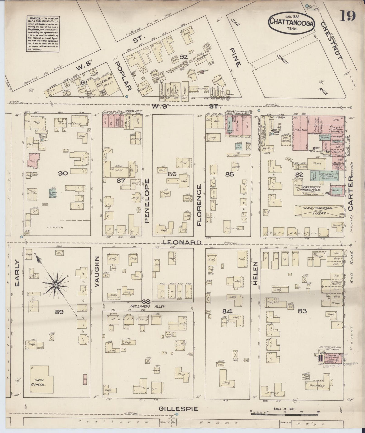 Sanborn Fire Insurance Map from Chattanooga, Hamilton County, Tennessee (1885), Sheet #0019 - Historic Sanborn Fire Insurance Map Print, vintage old map wall art, antique decor, genealogy gift, Tennessee Tennessee map