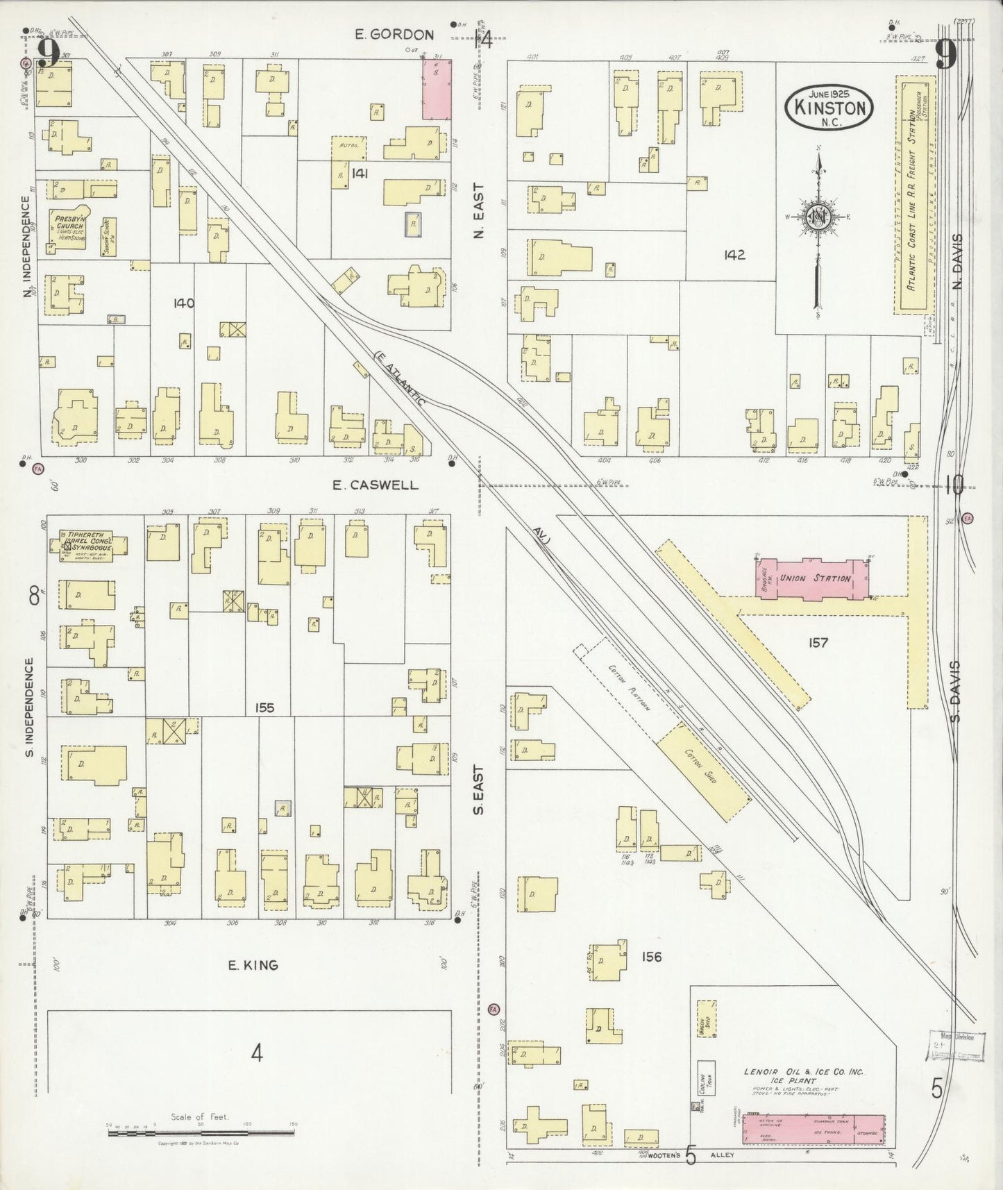 Sanborn Fire Insurance Map from Kinston, Lenoir County, North Carolina (1925), Sheet #0009 - Historic Sanborn Fire Insurance Map Print, vintage old map wall art, antique decor, genealogy gift, North Carolina North Carolina map