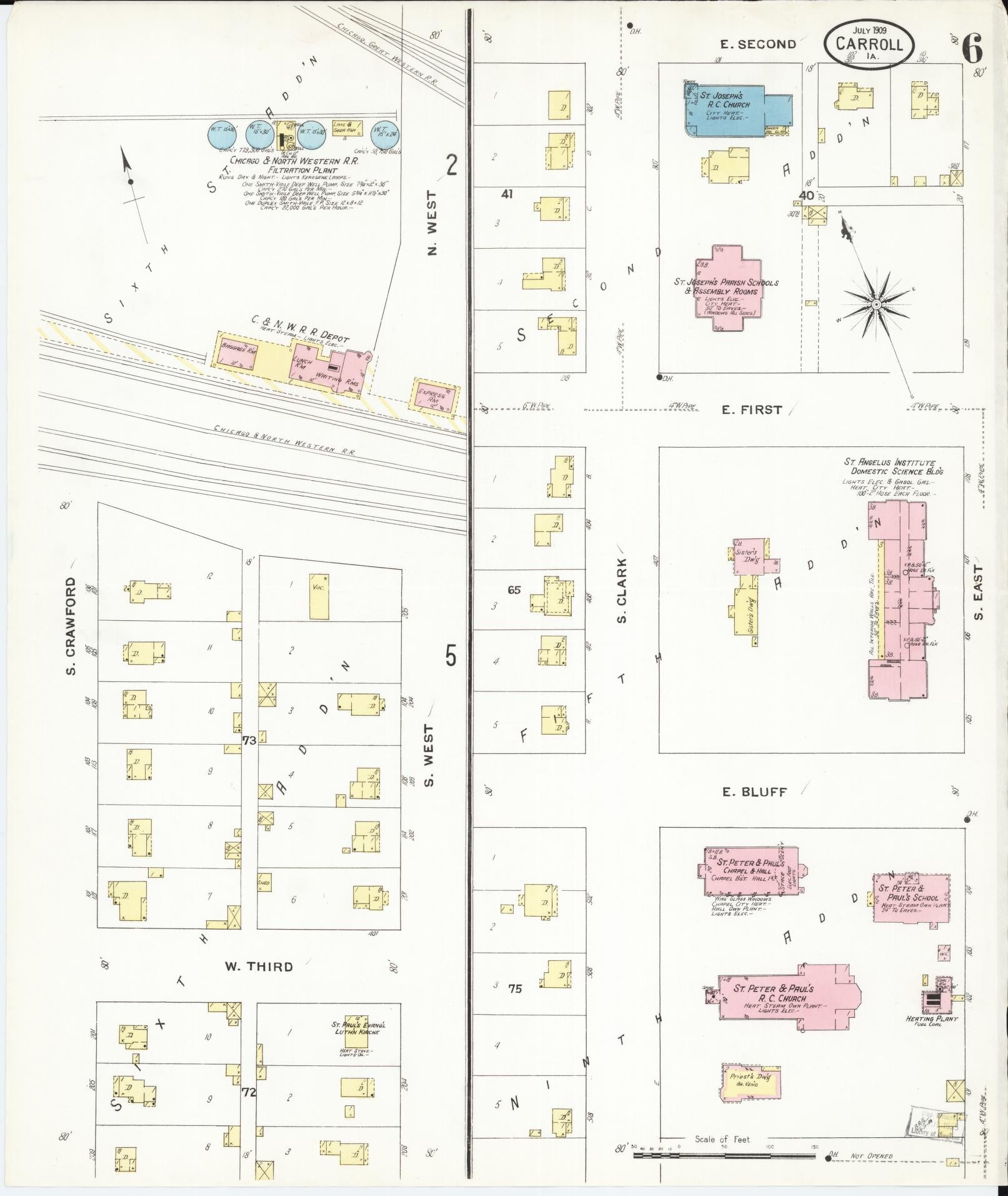 Sanborn Fire Insurance Map from Carroll, Carroll County, Iowa (1909), Sheet #0006 - Historic Sanborn Fire Insurance Map Print, vintage old map wall art