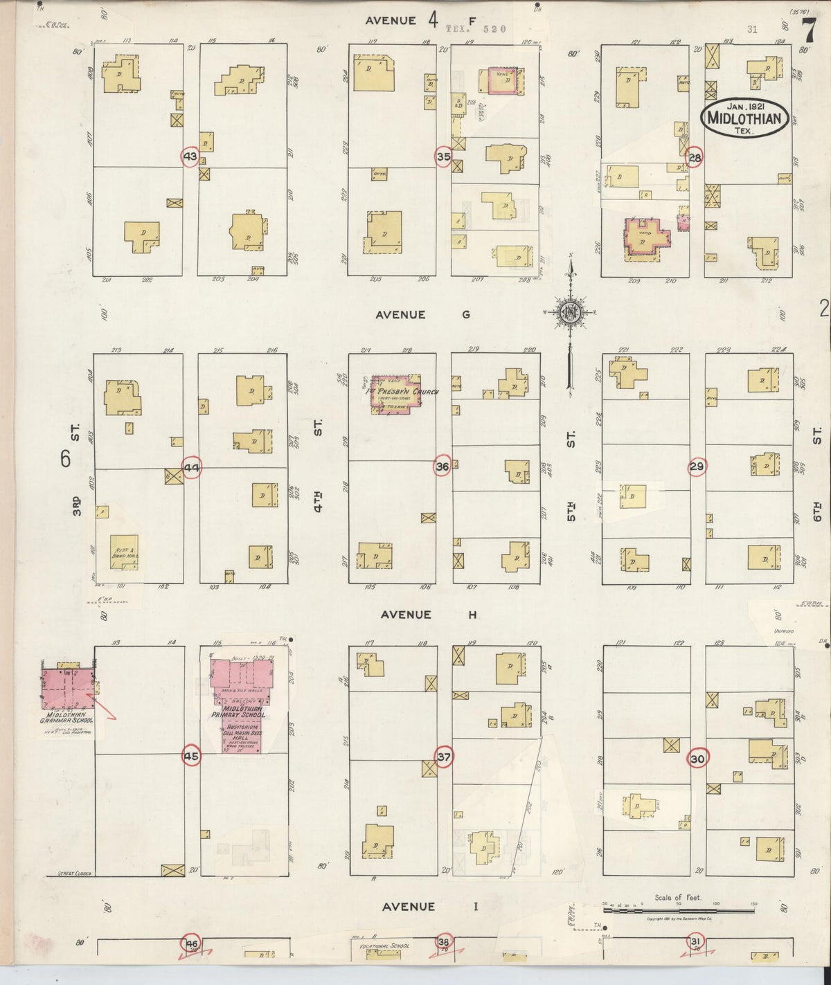 Sanborn Fire Insurance Map from Midlothian, Ellis County, Texas (1944), Sheet #0007 - Historic Sanborn Fire Insurance Map Print, vintage old map wall art, antique decor, genealogy gift, Texas Texas map