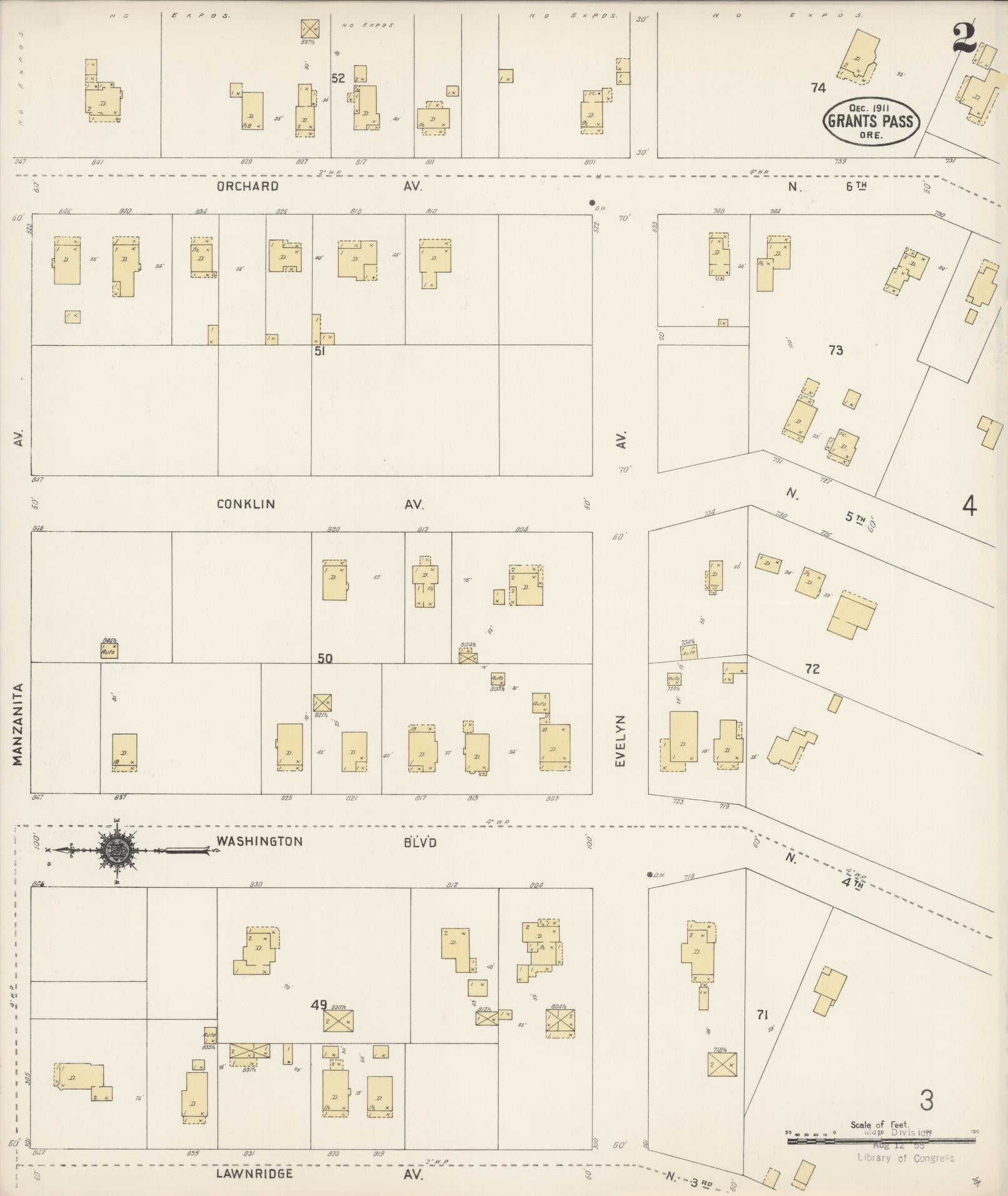 Sanborn Fire Insurance Map from Grants Pass, Josephine County, Oregon (1911), Sheet #0002 - Complete Map Set gallery image, historic Sanborn map, vintage wall art, Oregon Oregon