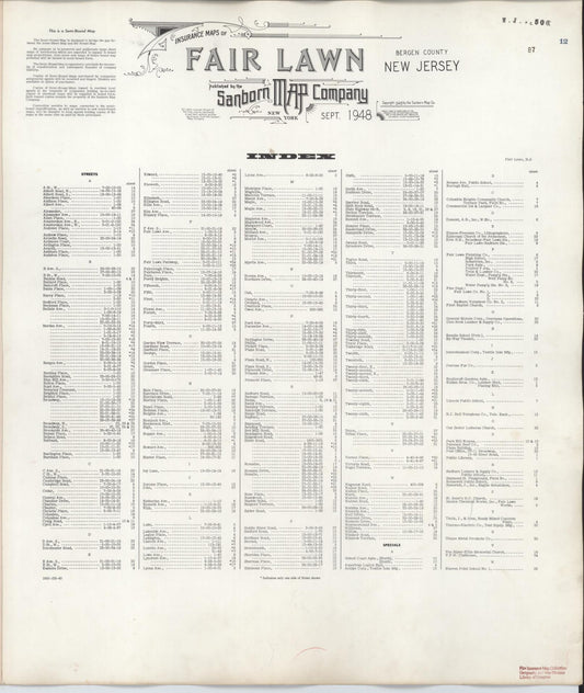 Sanborn Fire Insurance Map from Fair Lawn, Bergen County, New Jersey (1950), Sheet #0001 - Historic Sanborn Fire Insurance Map Print, vintage old map wall art, antique decor, genealogy gift, New Jersey New Jersey map