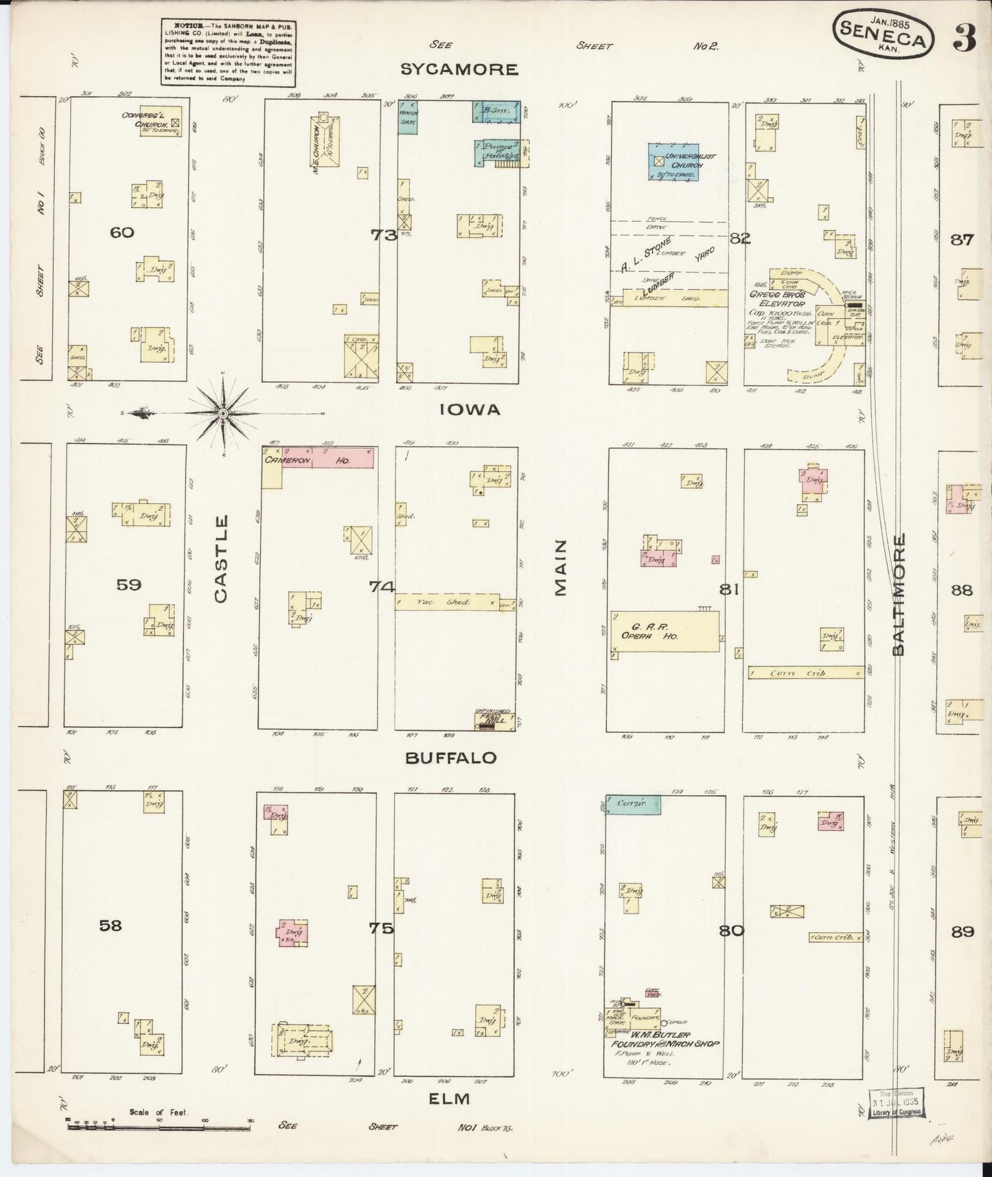 Sanborn Fire Insurance Map from Seneca, Nemaha County, Kansas (1885), Sheet #0003 - Complete Map Set gallery image, historic Sanborn map, vintage wall art, Kansas Kansas