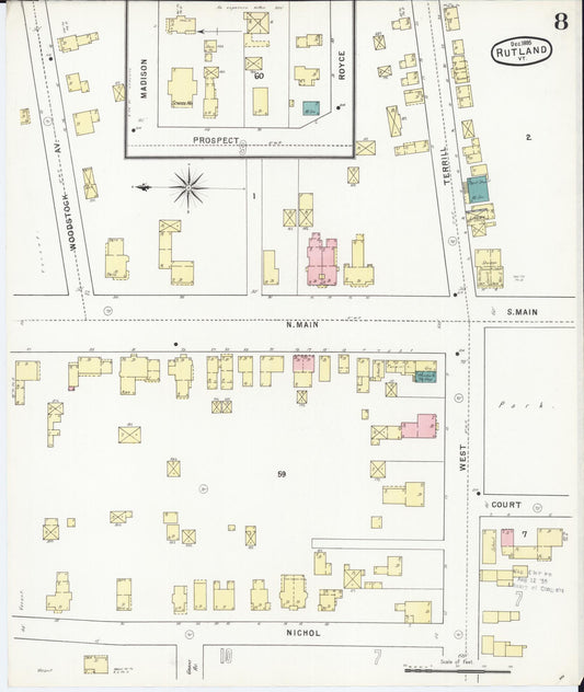 Sanborn Fire Insurance Map from Rutland, Rutland County, Vermont (1895), Sheet #0008 - Historic Sanborn Fire Insurance Map Print, vintage old map wall art, antique decor, genealogy gift, Vermont Vermont map