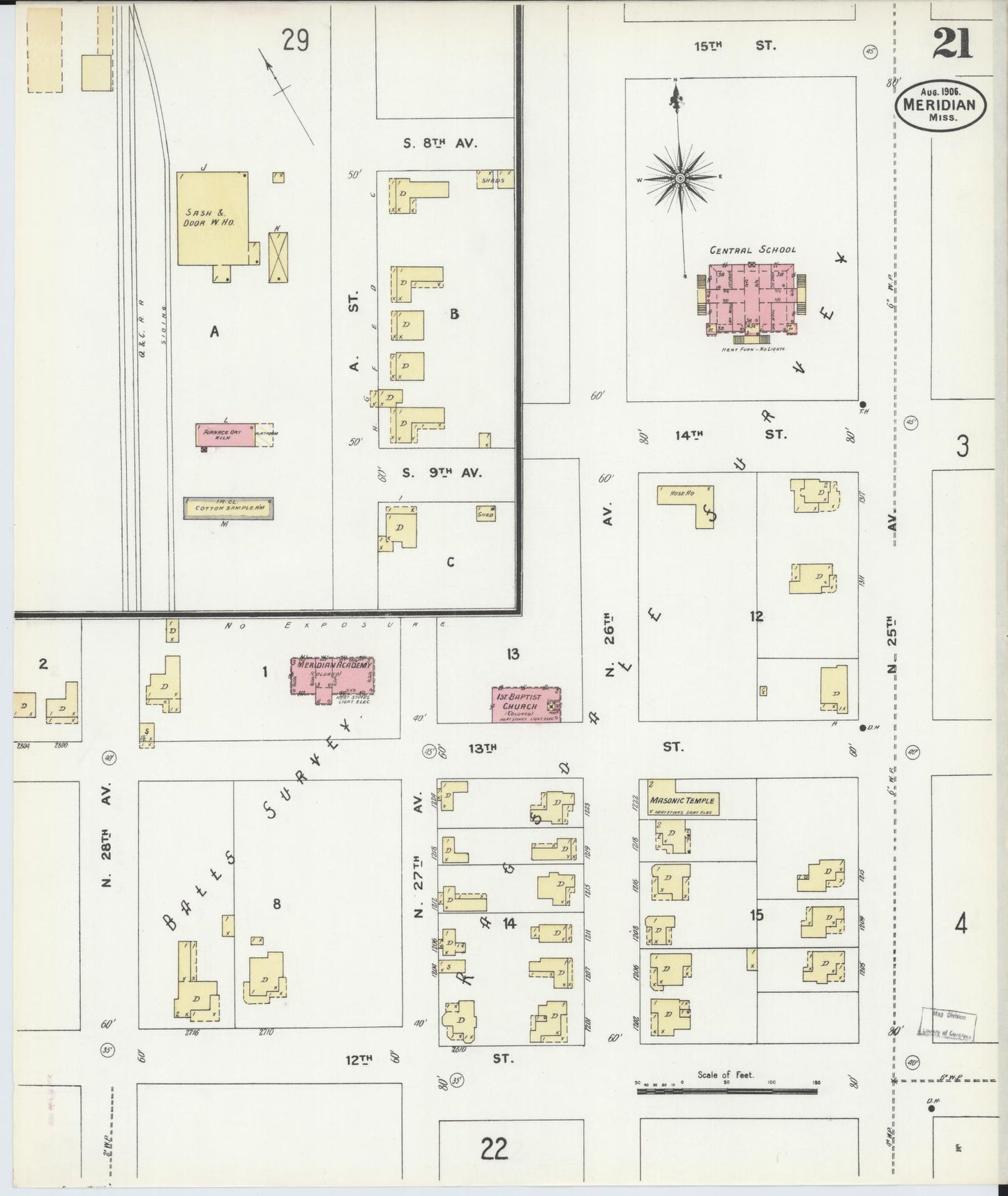 Sanborn Fire Insurance Map from Meridian, Lauderdale County, Mississippi (1906), Sheet #0021 - Complete Map Set gallery image, historic Sanborn map, vintage wall art, Mississippi Mississippi