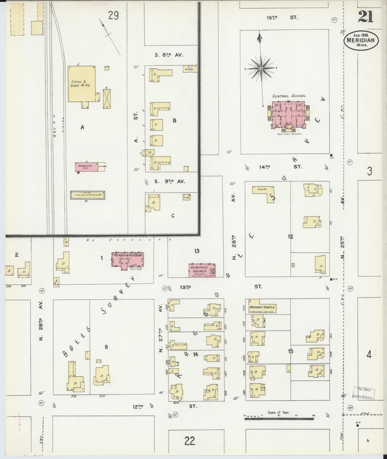 Sanborn Fire Insurance Map from Meridian, Lauderdale County, Mississippi (1906), Sheet #0021 - Complete Map Set gallery image, historic Sanborn map, vintage wall art, Mississippi Mississippi