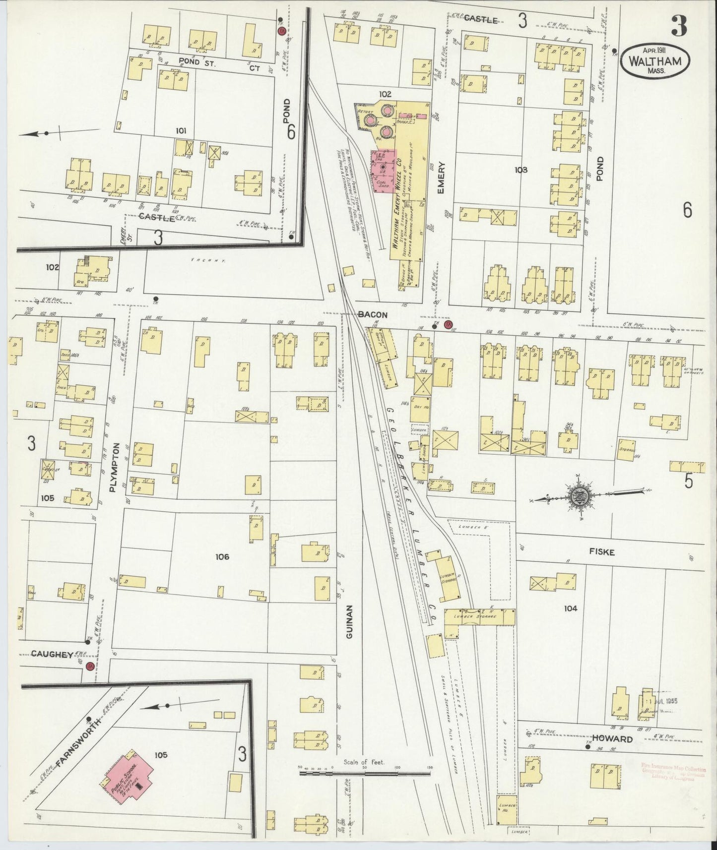 Sanborn Fire Insurance Map from Waltham, Middlesex County, Massachusetts (1911), Sheet #0003 - Complete Map Set gallery image, historic Sanborn map, vintage wall art, Massachusetts Massachusetts