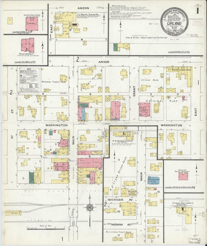 Sanborn Fire Insurance Map from Upland, Grant County, Indiana (1909), Sheet #0001 - Historic Sanborn Fire Insurance Map Print, vintage old map wall art, antique decor, genealogy gift, Indiana Indiana map