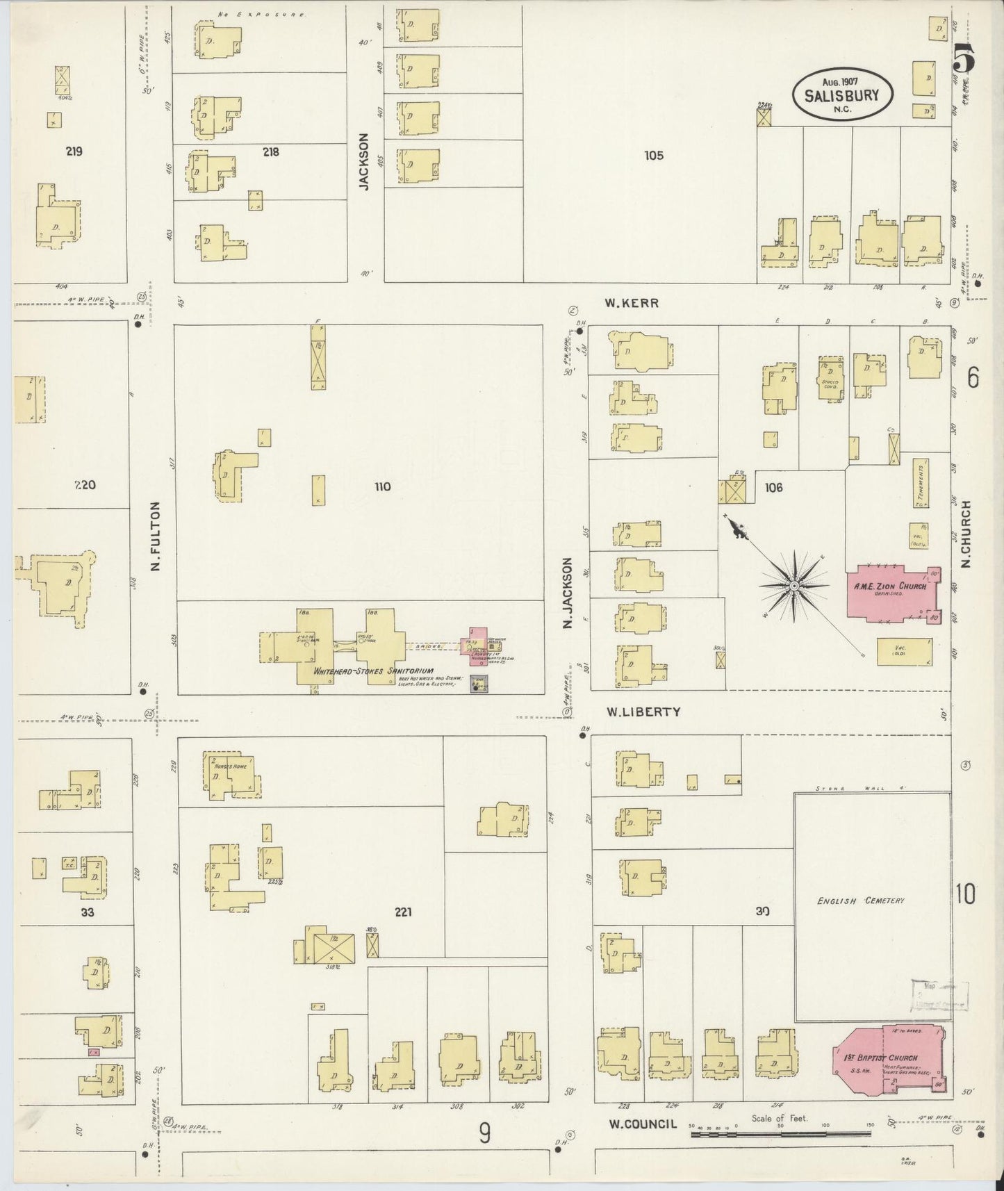 Sanborn Fire Insurance Map from Salisbury, Rowan County, North Carolina (1907), Sheet #0005 - Historic Sanborn Fire Insurance Map Print, vintage old map wall art, antique decor, genealogy gift, North Carolina North Carolina map