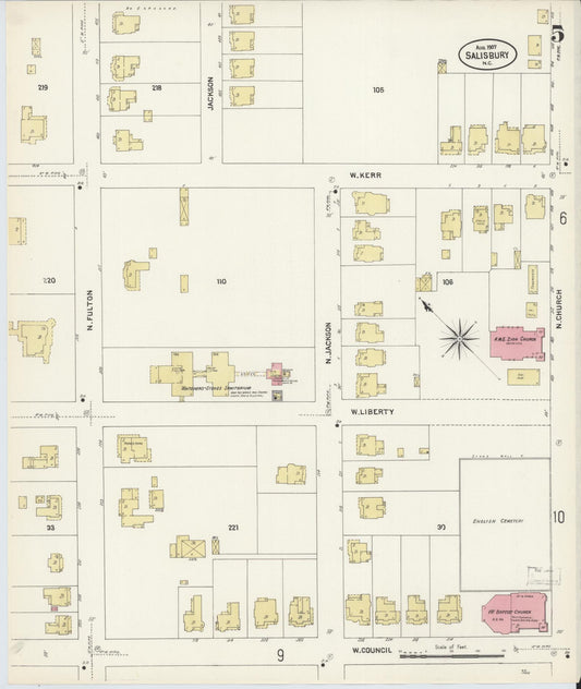 Sanborn Fire Insurance Map from Salisbury, Rowan County, North Carolina (1907), Sheet #0005 - Historic Sanborn Fire Insurance Map Print, vintage old map wall art, antique decor, genealogy gift, North Carolina North Carolina map