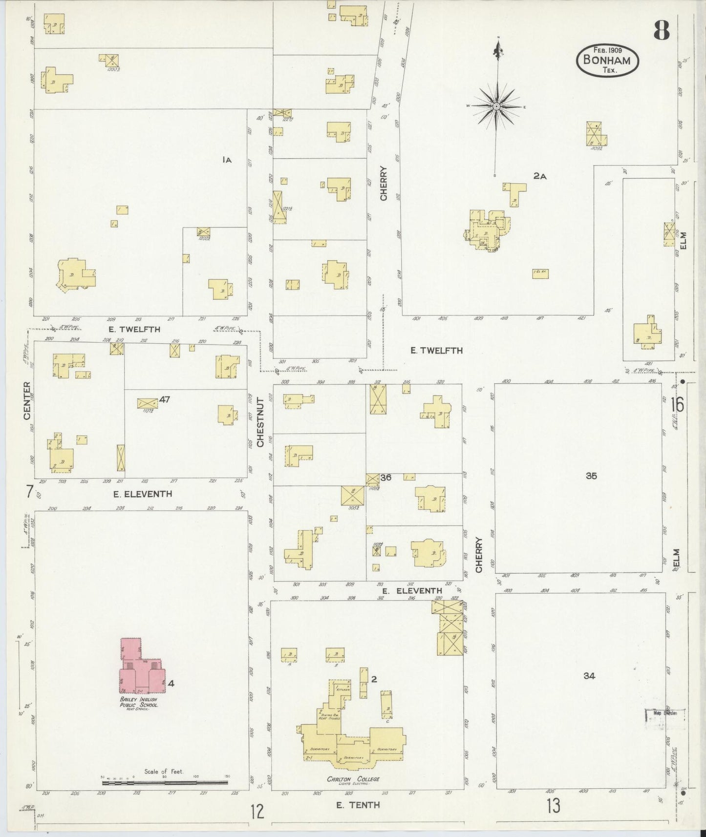 Sanborn Fire Insurance Map from Bonham, Fannin County, Texas (1909), Sheet #0008 - Historic Sanborn Fire Insurance Map Print, vintage old map wall art, antique decor, genealogy gift, Texas Texas map
