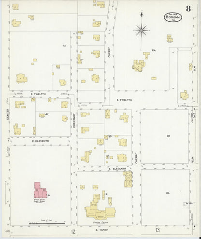 Sanborn Fire Insurance Map from Bonham, Fannin County, Texas (1909), Sheet #0008 - Historic Sanborn Fire Insurance Map Print, vintage old map wall art, antique decor, genealogy gift, Texas Texas map