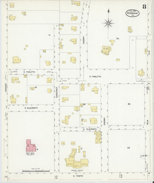 Sanborn Fire Insurance Map from Bonham, Fannin County, Texas (1909), Sheet #0008 - Historic Sanborn Fire Insurance Map Print, vintage old map wall art, antique decor, genealogy gift, Texas Texas map