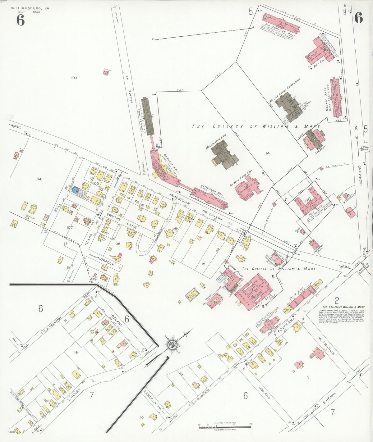 Sanborn Fire Insurance Map from Williamsburg, Independent Cities, Virginia (1933), Sheet #0006 - Historic Sanborn Fire Insurance Map Print, vintage old map wall art, antique decor, genealogy gift, Virginia Virginia map