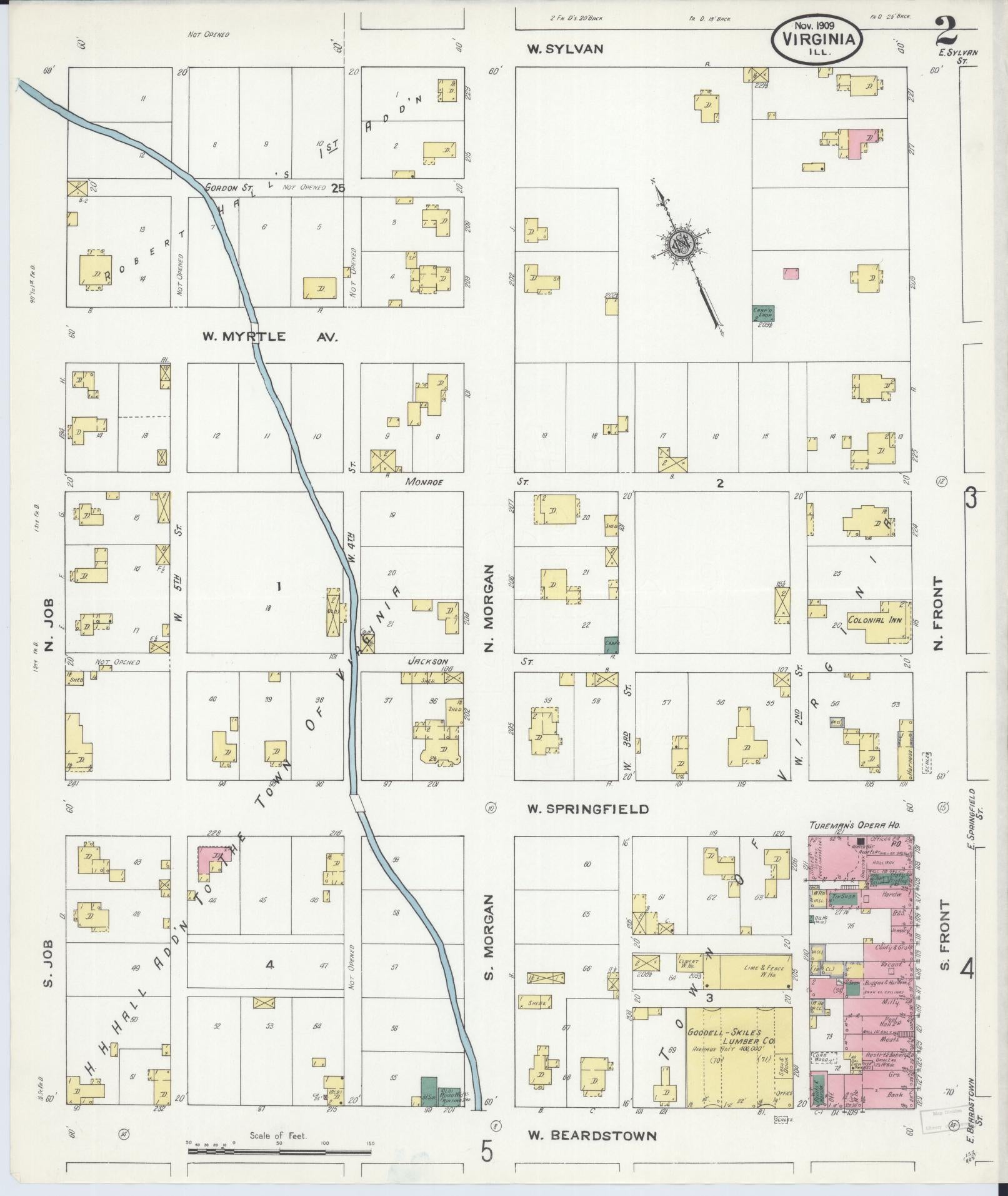 Sanborn Fire Insurance Map from Virginia, Cass County, Illinois (1909), Sheet #0002 - Complete Map Set gallery image, historic Sanborn map, vintage wall art, Virginia Virginia