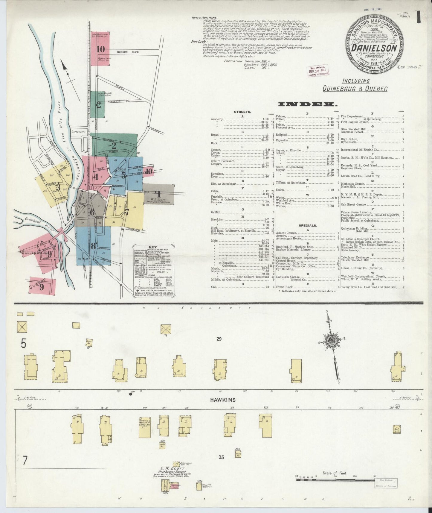 Sanborn Fire Insurance Map from Danielson, Windham County, Connecticut (1911), Sheet #0001 - Historic Sanborn Fire Insurance Map Print, vintage old map wall art, antique decor, genealogy gift, Connecticut Connecticut map
