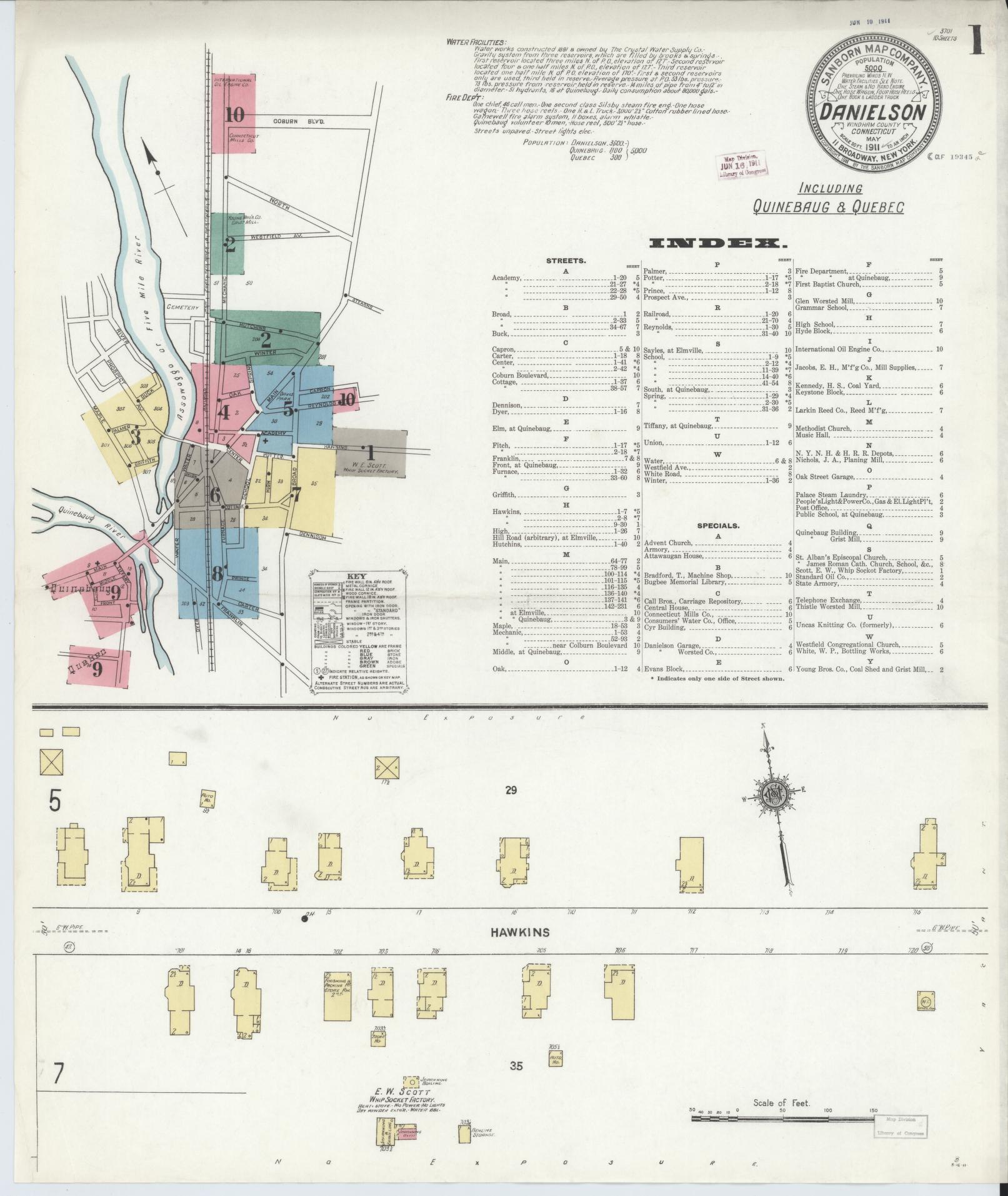 Sanborn Fire Insurance Map from Danielson, Windham County, Connecticut (1911), Sheet #0001 - Historic Sanborn Fire Insurance Map Print, vintage old map wall art, antique decor, genealogy gift, Connecticut Connecticut map