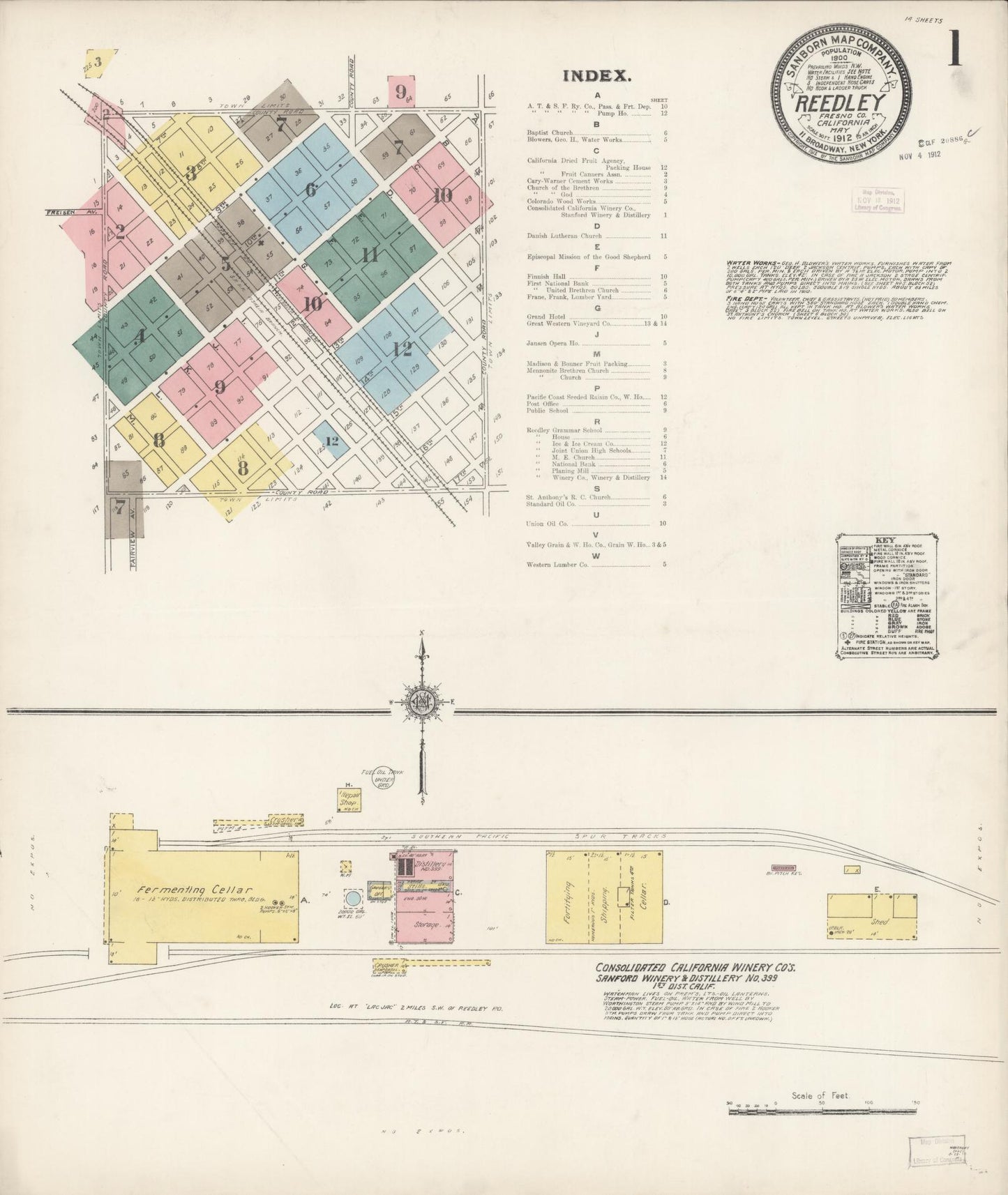 Sanborn Fire Insurance Map from Reedley, Fresno County, California (1912), Sheet #0001 - Complete Map Set gallery image, historic Sanborn map, vintage wall art, California California