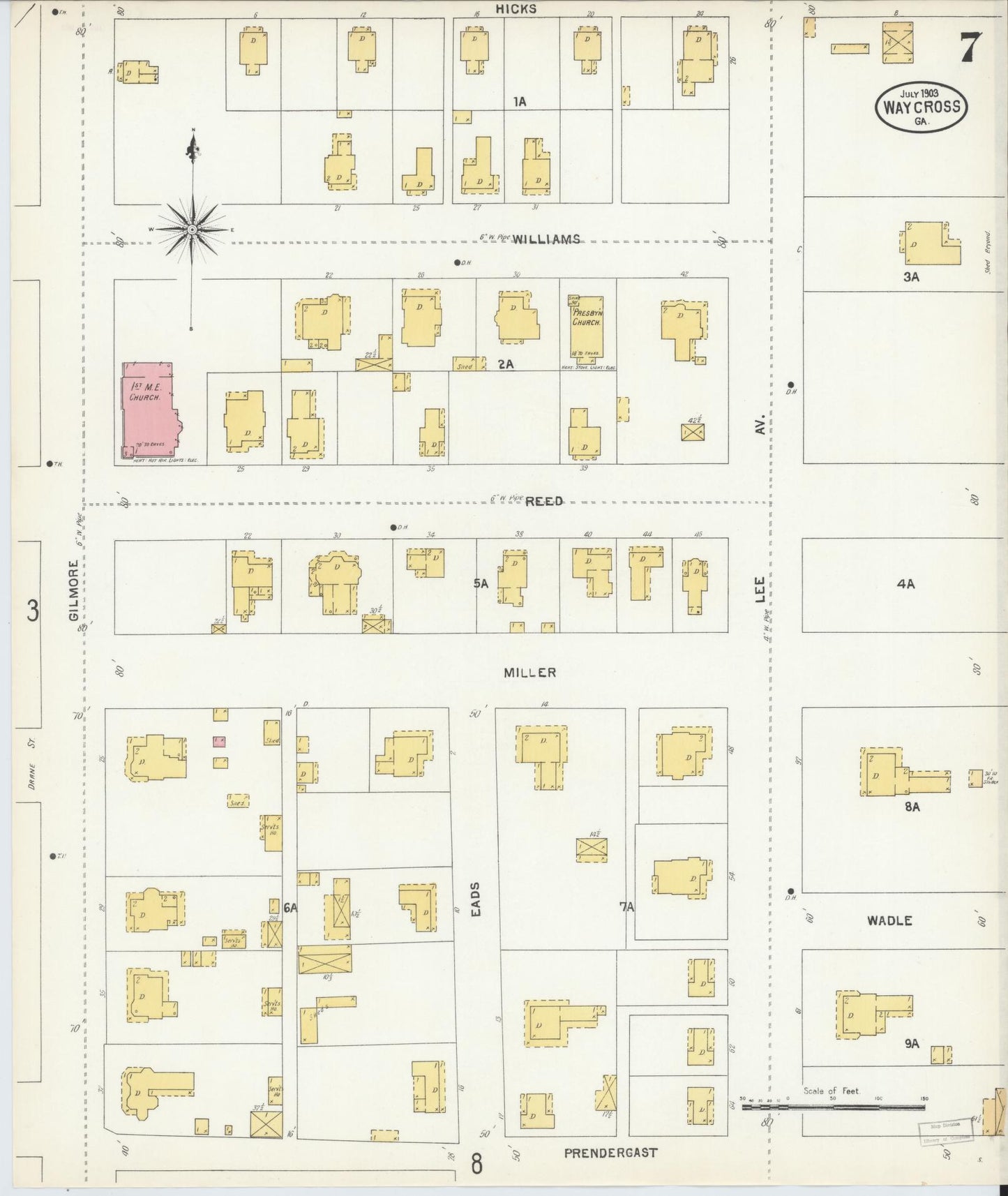 Sanborn Fire Insurance Map from Waycross, Ware County, Georgia (1903), Sheet #0007 - Historic Sanborn Fire Insurance Map Print, vintage old map wall art, antique decor, genealogy gift, Georgia Georgia map
