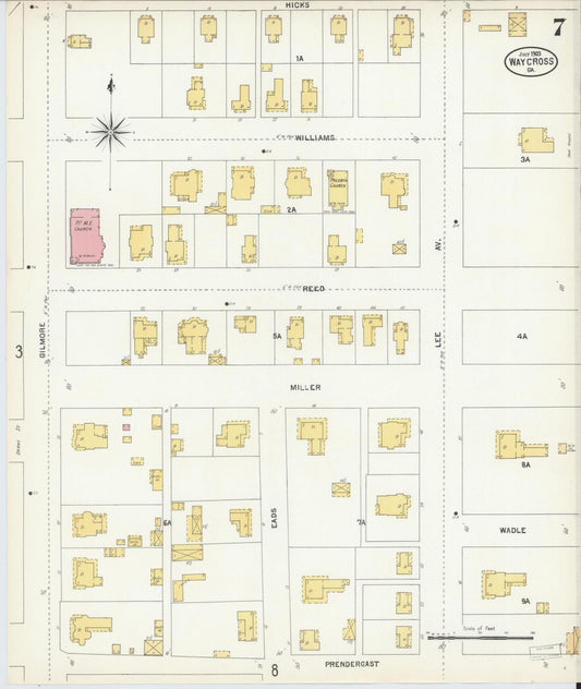 Sanborn Fire Insurance Map from Waycross, Ware County, Georgia (1903), Sheet #0007 - Historic Sanborn Fire Insurance Map Print, vintage old map wall art, antique decor, genealogy gift, Georgia Georgia map