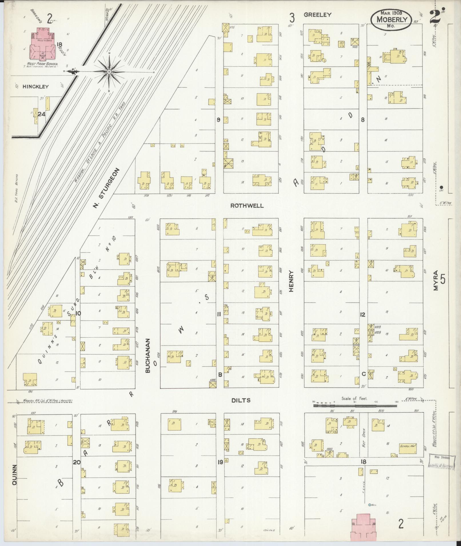 Sanborn Fire Insurance Map from Moberly, Randolph County, Missouri (1909), Sheet #0002 - Historic Sanborn Fire Insurance Map Print, vintage old map wall art, antique decor, genealogy gift, Missouri Missouri map