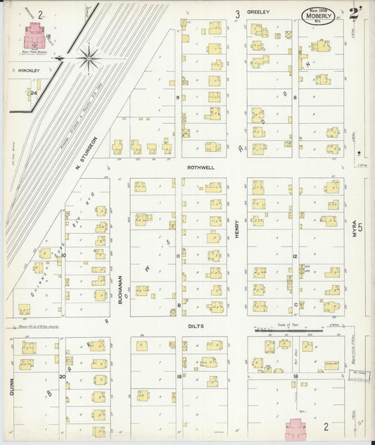 Sanborn Fire Insurance Map from Moberly, Randolph County, Missouri (1909), Sheet #0002 - Historic Sanborn Fire Insurance Map Print, vintage old map wall art, antique decor, genealogy gift, Missouri Missouri map