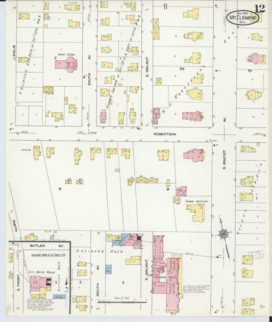Sanborn Fire Insurance Map from Mount Clemens, Macomb County, Michigan (1909), Sheet #0012 - Historic Sanborn Fire Insurance Map Print, vintage old map wall art, antique decor, genealogy gift, Michigan Michigan map