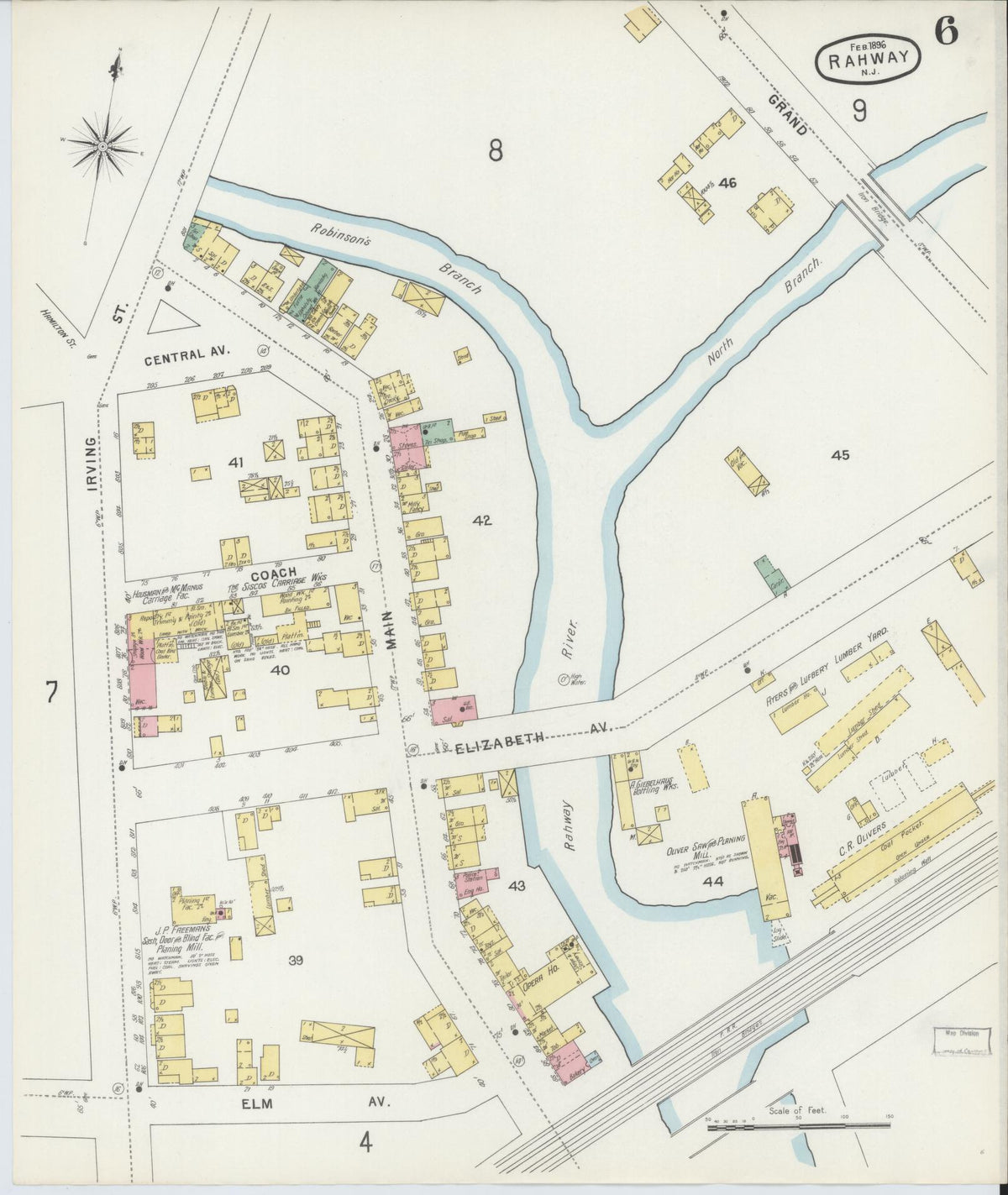Sanborn Fire Insurance Map from Rahway, Union County, New Jersey (1896), Sheet #0006 - Historic Sanborn Fire Insurance Map Print, vintage old map wall art, antique decor, genealogy gift, New Jersey New Jersey map