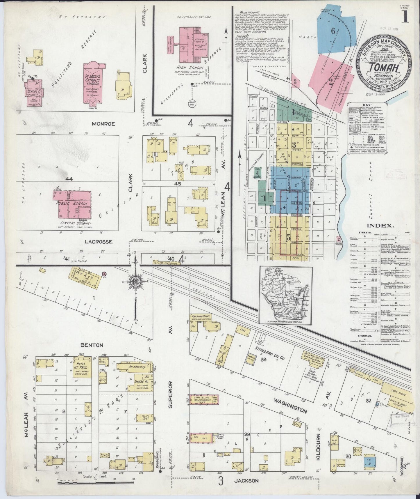 Sanborn Fire Insurance Map from Tomah, Monroe County, Wisconsin (1912), Sheet #0001 - Complete Map Set gallery image, historic Sanborn map, vintage wall art, Wisconsin Wisconsin
