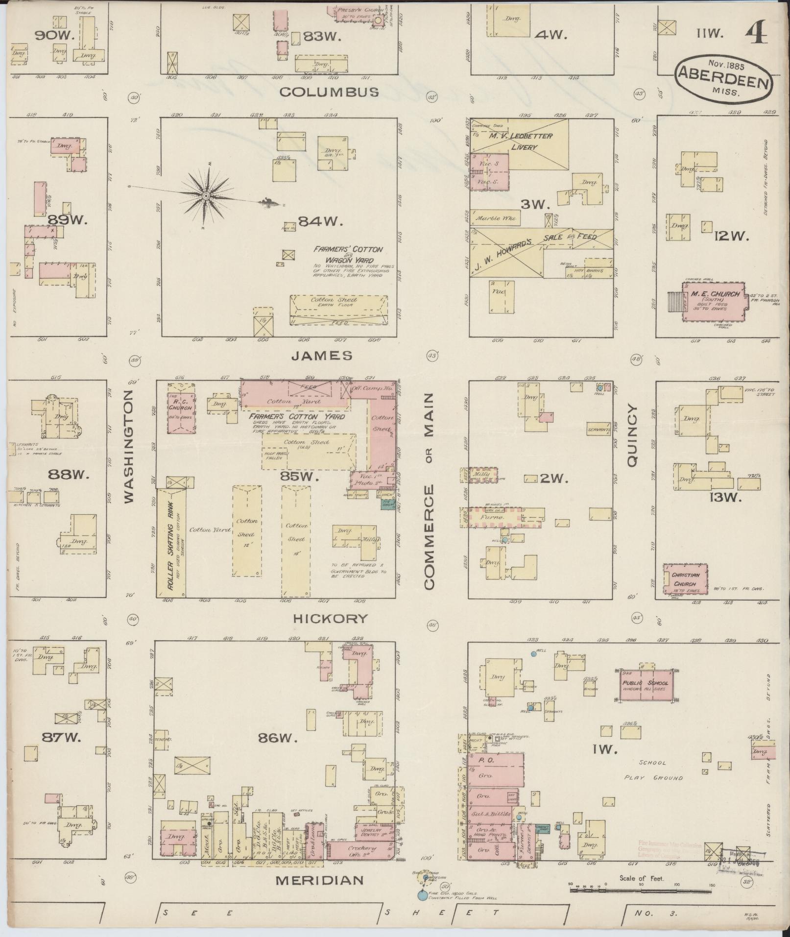 Sanborn Fire Insurance Map from Aberdeen, Monroe County, Mississippi (1885), Sheet #0004 - Historic Sanborn Fire Insurance Map Print, vintage old map wall art, antique decor, genealogy gift, Mississippi Mississippi map