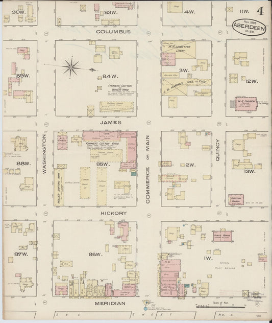 Sanborn Fire Insurance Map from Aberdeen, Monroe County, Mississippi (1885), Sheet #0004 - Historic Sanborn Fire Insurance Map Print, vintage old map wall art, antique decor, genealogy gift, Mississippi Mississippi map