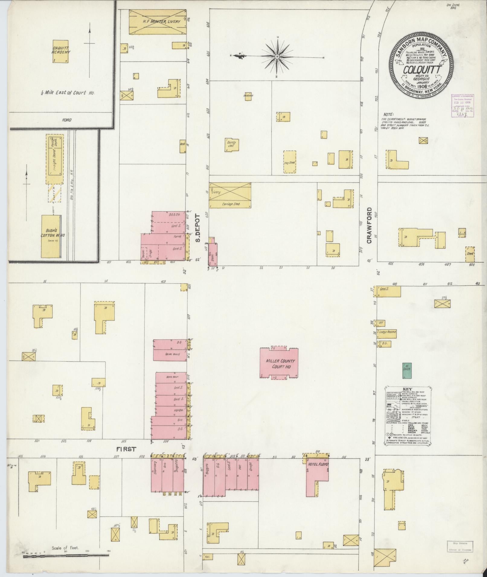 Sanborn Fire Insurance Map from Colquitt, Miller County, Georgia (1906), Sheet #0001 - Historic Sanborn Fire Insurance Map Print, vintage old map wall art, antique decor, genealogy gift, Georgia Georgia map