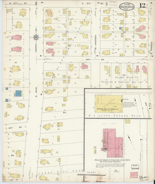 Sanborn Fire Insurance Map from Rochester, Fulton County, Indiana (1913), Sheet #0012 - Historic Sanborn Fire Insurance Map Print, vintage old map wall art, antique decor, genealogy gift, Indiana Indiana map