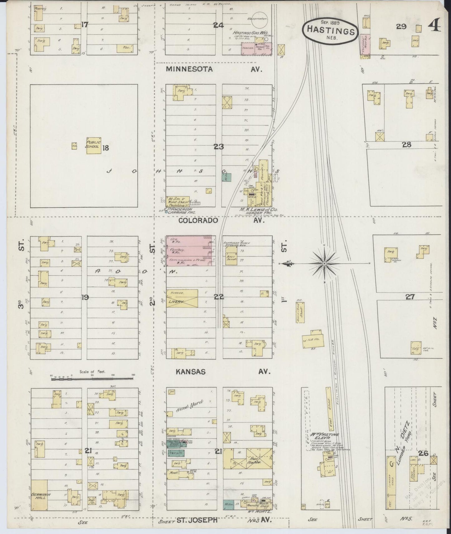 Sanborn Fire Insurance Map from Hastings, Adams County, Nebraska (1889), Sheet #0004 - Historic Sanborn Fire Insurance Map Print, vintage old map wall art, antique decor, genealogy gift, Nebraska Nebraska map