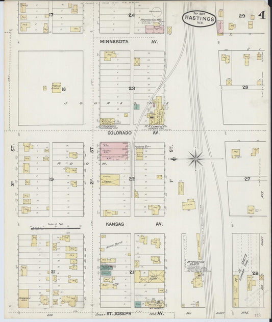 Sanborn Fire Insurance Map from Hastings, Adams County, Nebraska (1889), Sheet #0004 - Historic Sanborn Fire Insurance Map Print, vintage old map wall art, antique decor, genealogy gift, Nebraska Nebraska map